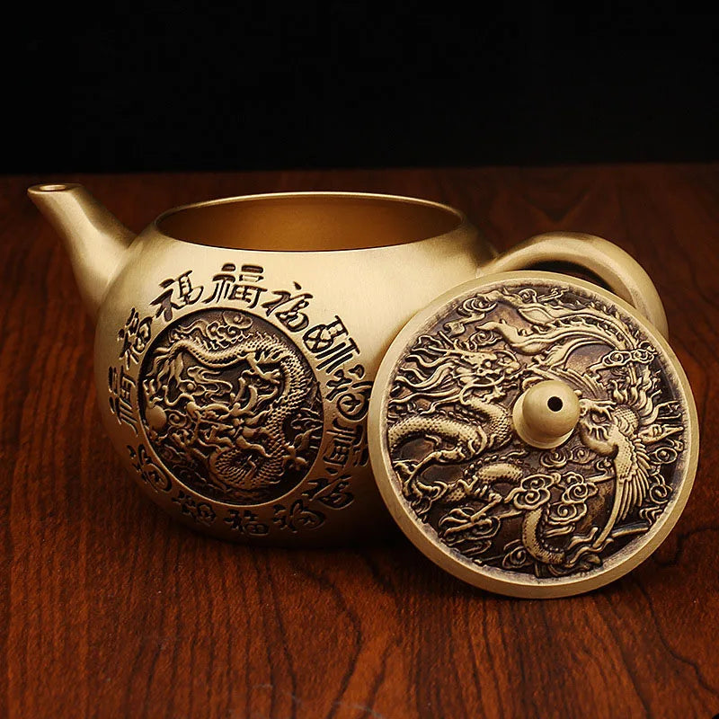 “Baifu” Dragon & Phoenix Brass Teapot – Chinese Gongfu Kettle & Ornament - - Tea Pot