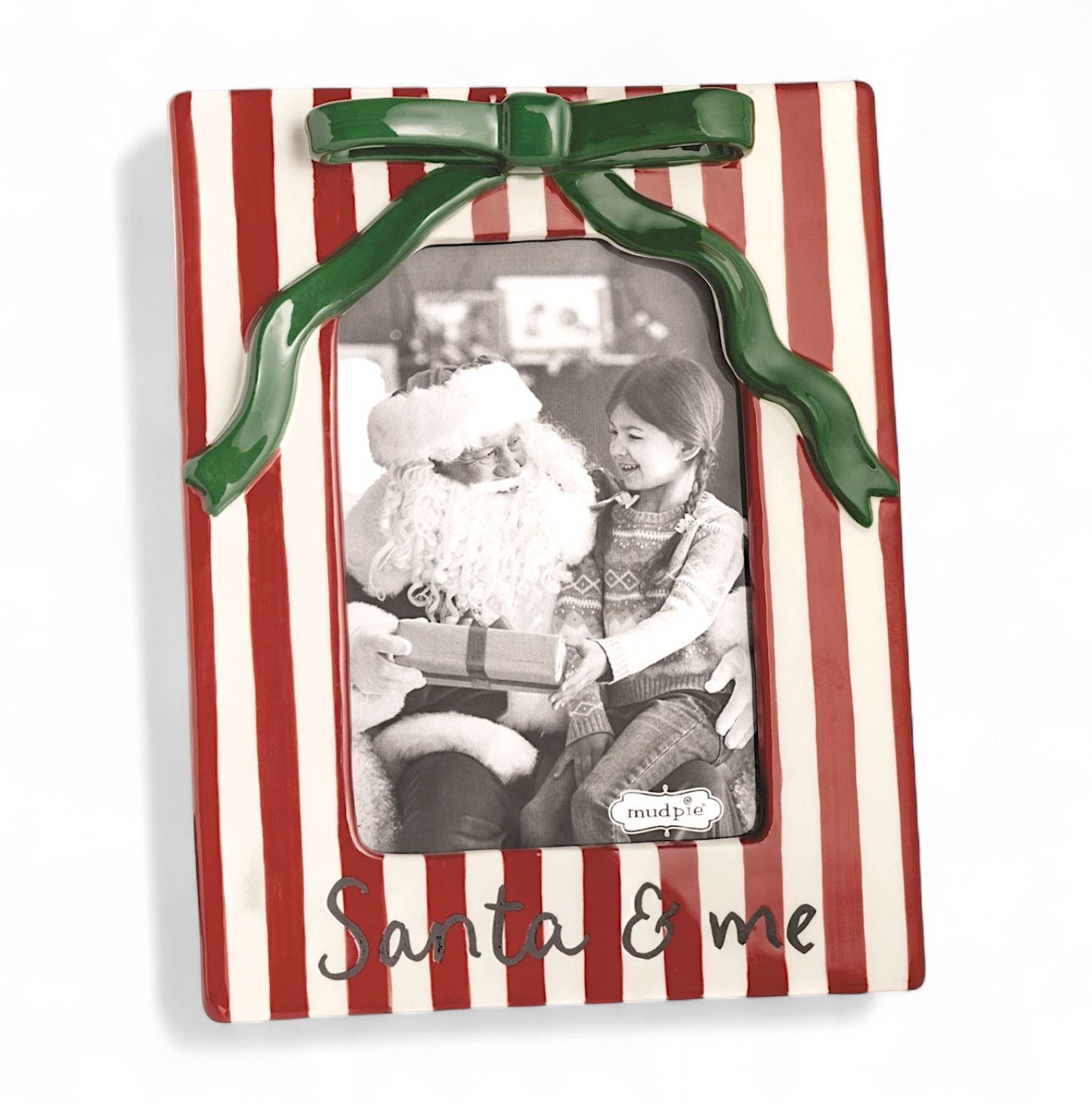 Christmas Bow Santa & Me Red & White Stripe Ceramic Photo Frame - - Christmas