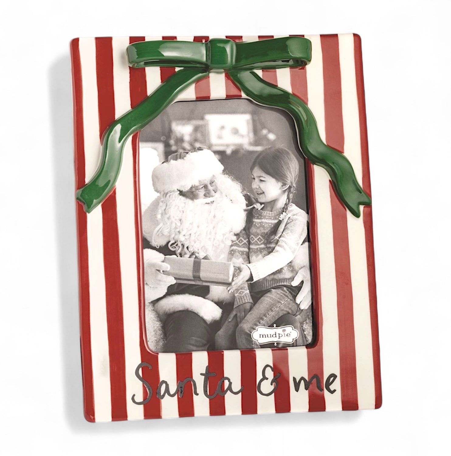 Christmas Bow Santa & Me Red & White Stripe Ceramic Photo Frame - - Christmas