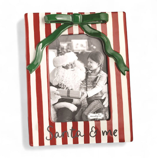 Christmas Bow Santa & Me Red & White Stripe Ceramic Photo Frame - - Decor
