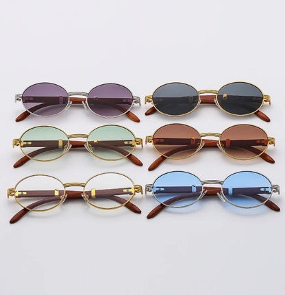 Retro Vintage Faux Wood Small Round Metal Sunglasses