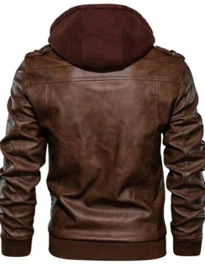 Men's Full Size Vintage Hooded Leather Jacket Plus Size - -
