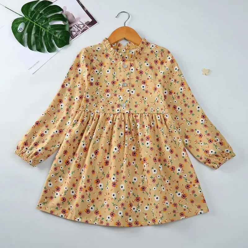 Girls Flower Cotton Long Sleeve Casual Dress yellow orange