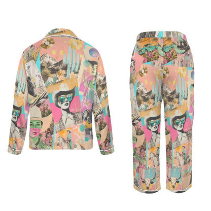 Baha Ranch Pop Western Collage Cowgirl Satin Pajamas - - Pajama Sets