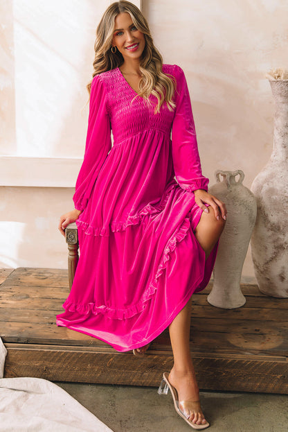 Rose Red Shirred V Neck Long Sleeve Velvet Dress - - Dresses/Maxi Dresses