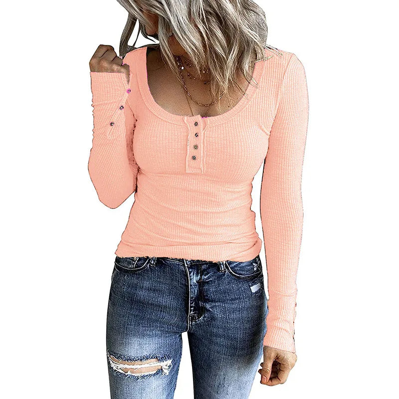 Casual Knit Button Long Sleeve Ladies T Shirt