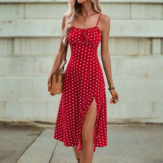 Floral Print Spaghetti Straps Dresses Summer Dress Square Neck Slit Dress