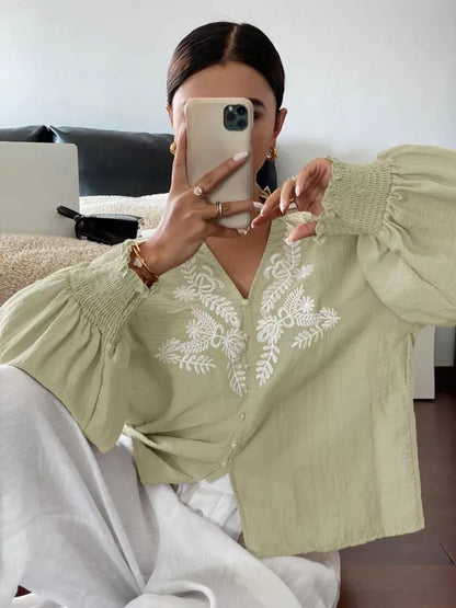 Embroidered Notched Long Sleeve Blouse - Sage -