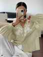 Embroidered Notched Long Sleeve Blouse - Sage -
