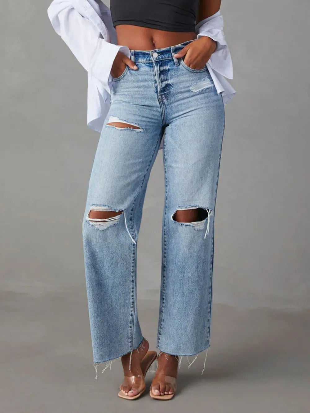 Distressed Straight Leg Jeans with Pockets - Light -