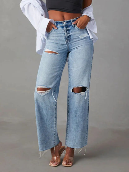 Distressed Straight Leg Jeans with Pockets - Light -