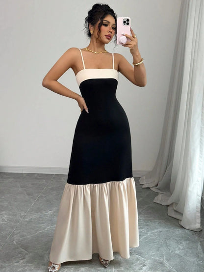 Two-Tone Spaghetti Strap Maxi Dress - -