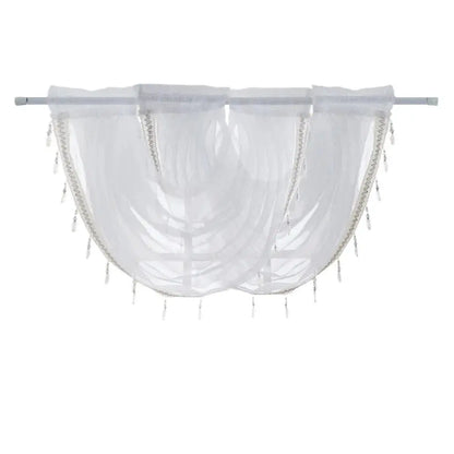 3 Pieces Beaded Sheer White Waterfall Valance Swag Curtain for Windows