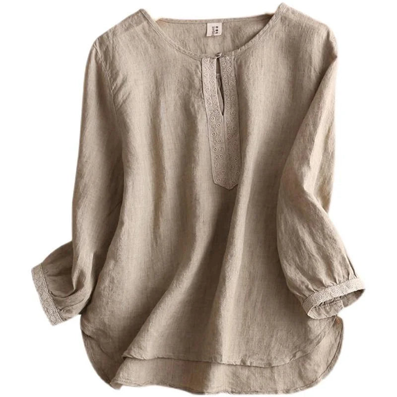 Ramie Cotton Linen Long-Sleeved Shirts Bottoming Shirts Retro Literary Tops