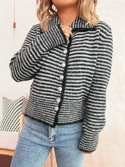 Striped Button-Up Long Sleeve Cardigan - Black One Size -