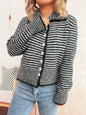 Striped Button-Up Long Sleeve Cardigan - Black One Size -