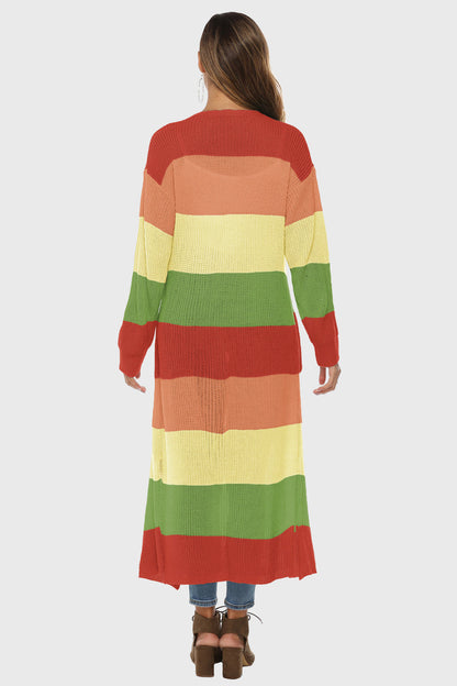 Color Block Long Sleeve Pocketed Cardigan - -
