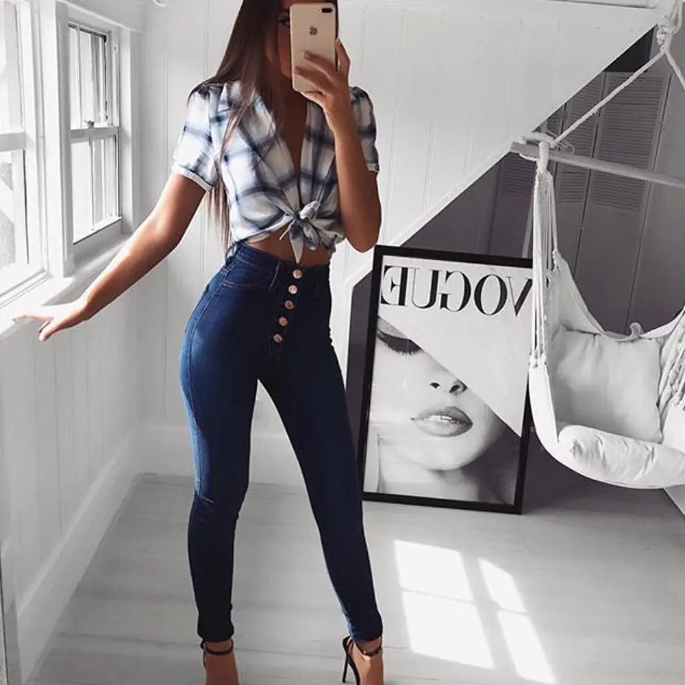 Blue High Waist Skinny Jeans with Button and Pockets - Kia Day Design