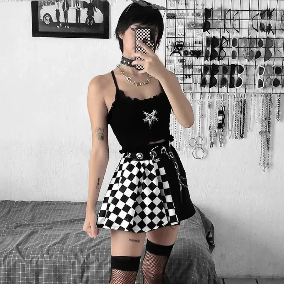 Checkerboard Gothic Punk Skirt – Grommet Chains & Contrast Panels - - Skirts