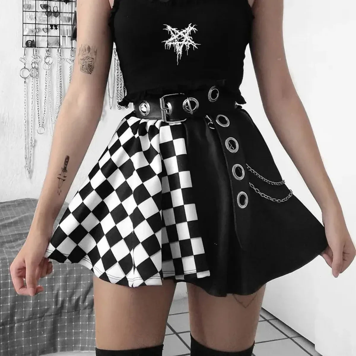 Checkerboard Gothic Punk Skirt – Grommet Chains & Contrast Panels - - Skirts