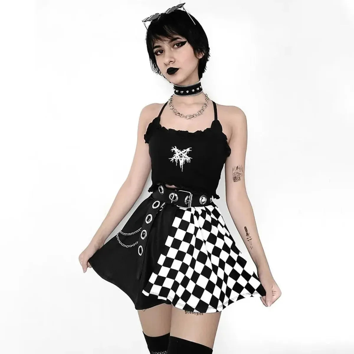 Checkerboard Gothic Punk Skirt – Grommet Chains & Contrast Panels - - Skirts