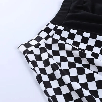 Checkerboard Gothic Punk Skirt – Grommet Chains & Contrast Panels - - Skirts