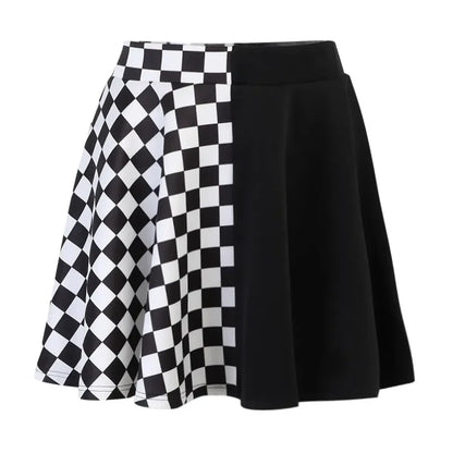 Checkerboard Gothic Punk Skirt – Grommet Chains & Contrast Panels - - Skirts