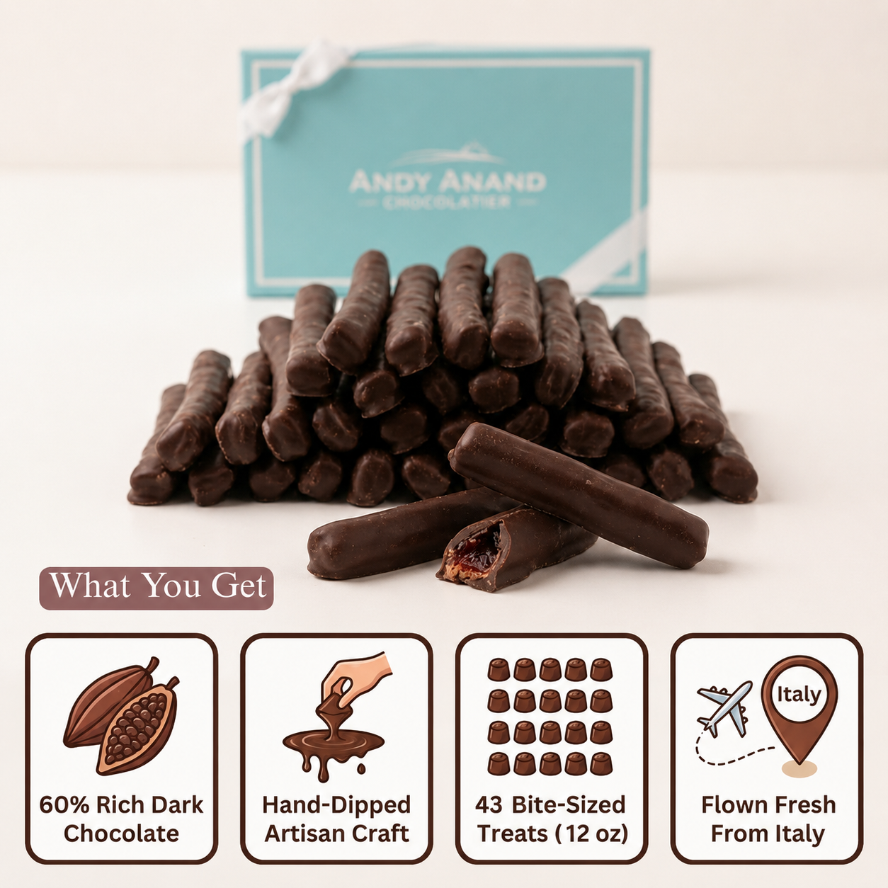 Andy Anand 60% Dark Chocolate Cherry Peel, Vegan, Gluten-Free, 12oz Gift Box (Approx. 43 Hand-Dipped Pieces) – Premium Italian Gourmet Treat - -
