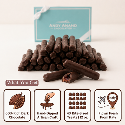 Andy Anand 60% Dark Chocolate Cherry Peel, Vegan, Gluten-Free, 12oz Gift Box (Approx. 43 Hand-Dipped Pieces) – Premium Italian Gourmet Treat - -