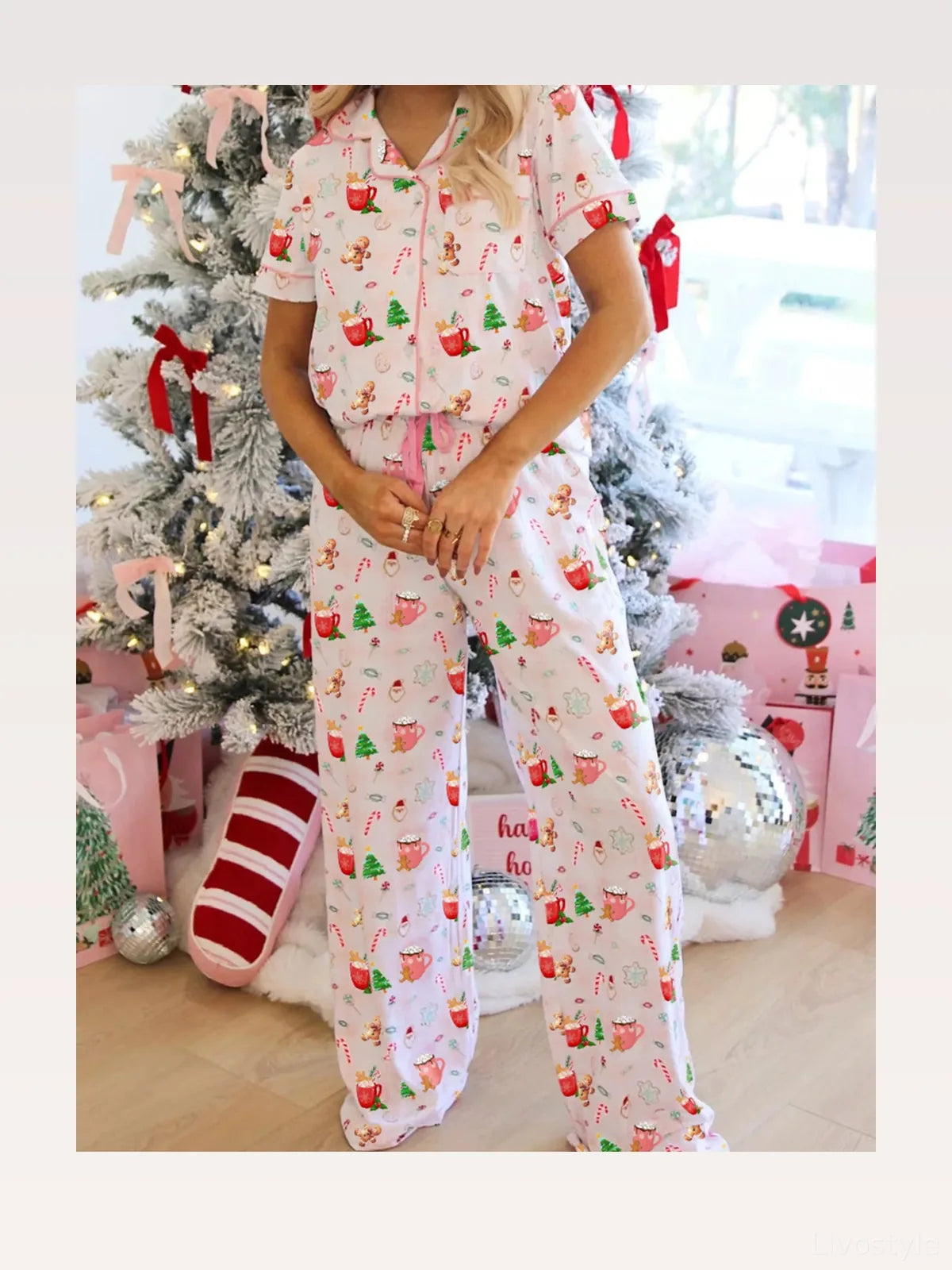 Christmas Spirit Cute Holiday Print Short Sleeve Shirt and Pants 2pcs - - Pajama Set