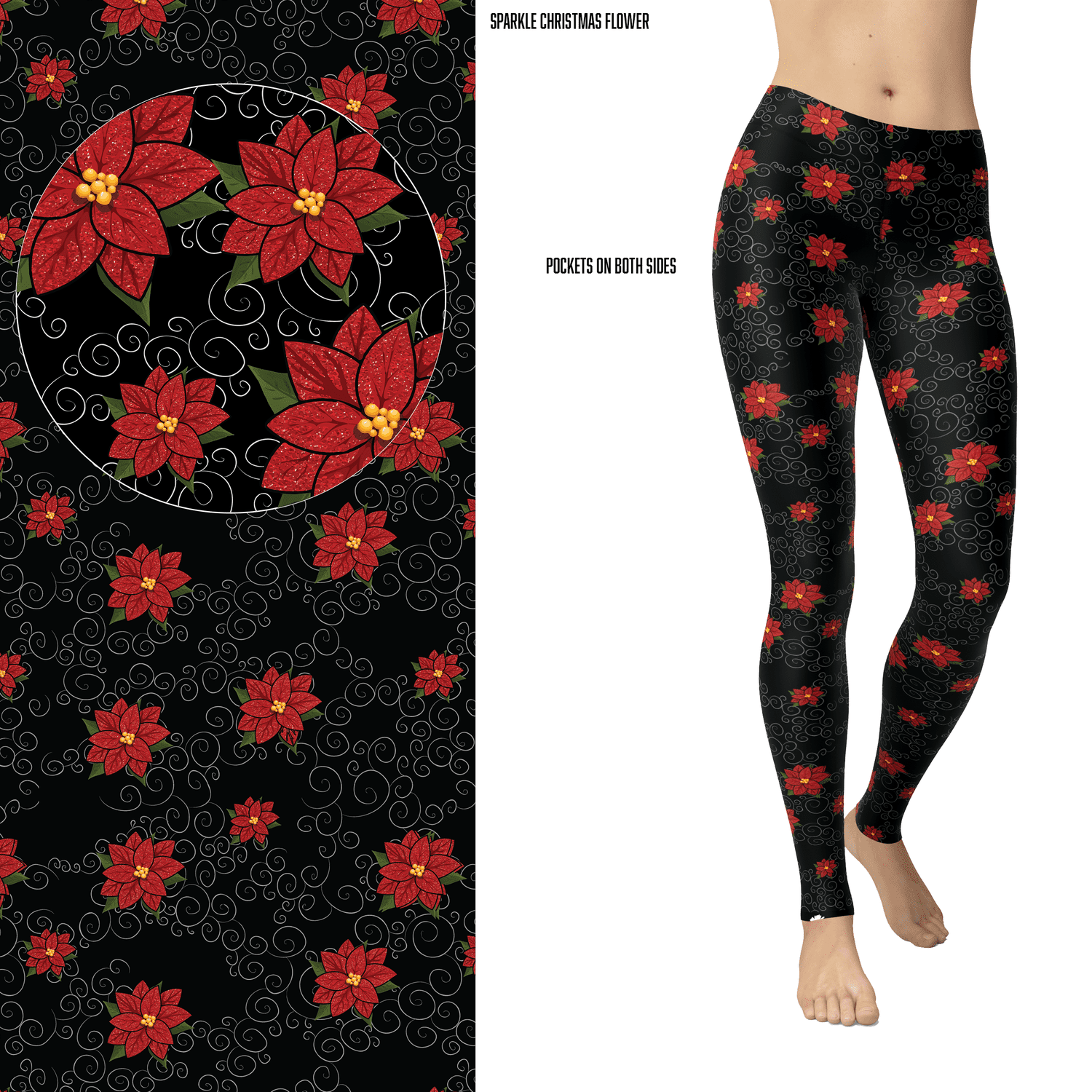 Poinsettia Christmas Flowers Leggings - - Apparel