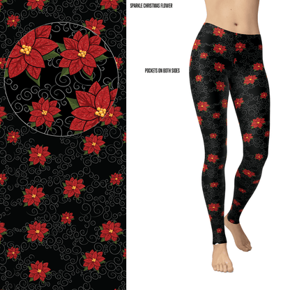 Poinsettia Christmas Flowers Leggings - - Apparel