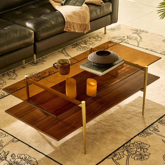 AGV LIGHTING Glass Coffee Table Double Layer Glass Coffee Table for Living Space Gold Finish Frmae L47 x W22 x H17 Coffee Brown Glass & Walnut Wood Top Kia Day Design