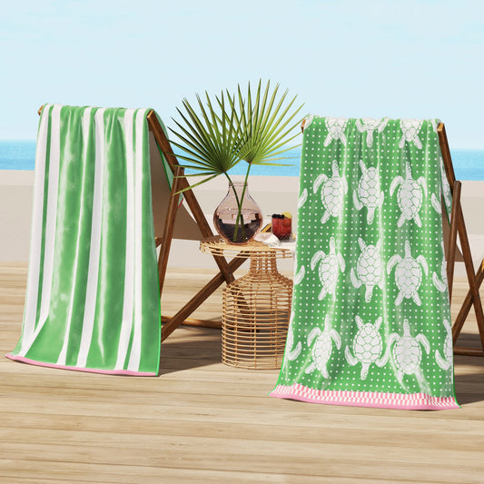Cotton Velour Beach Towel - Maui Collection - 2 Pack- 30" x 60" Green White Turtles Stripe - Beach Towels