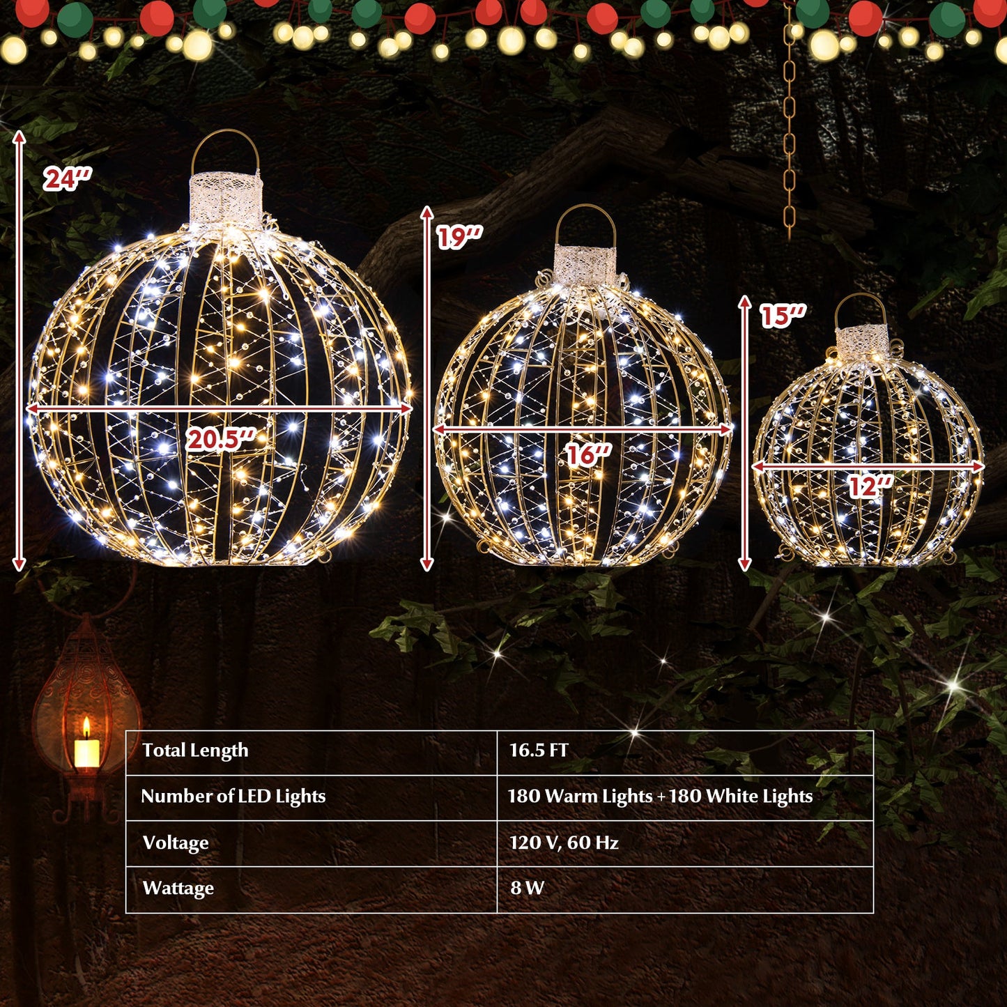 3 Pack Christmas LED Light Balls with Cable Ties and 6 Stakes-Golden - -