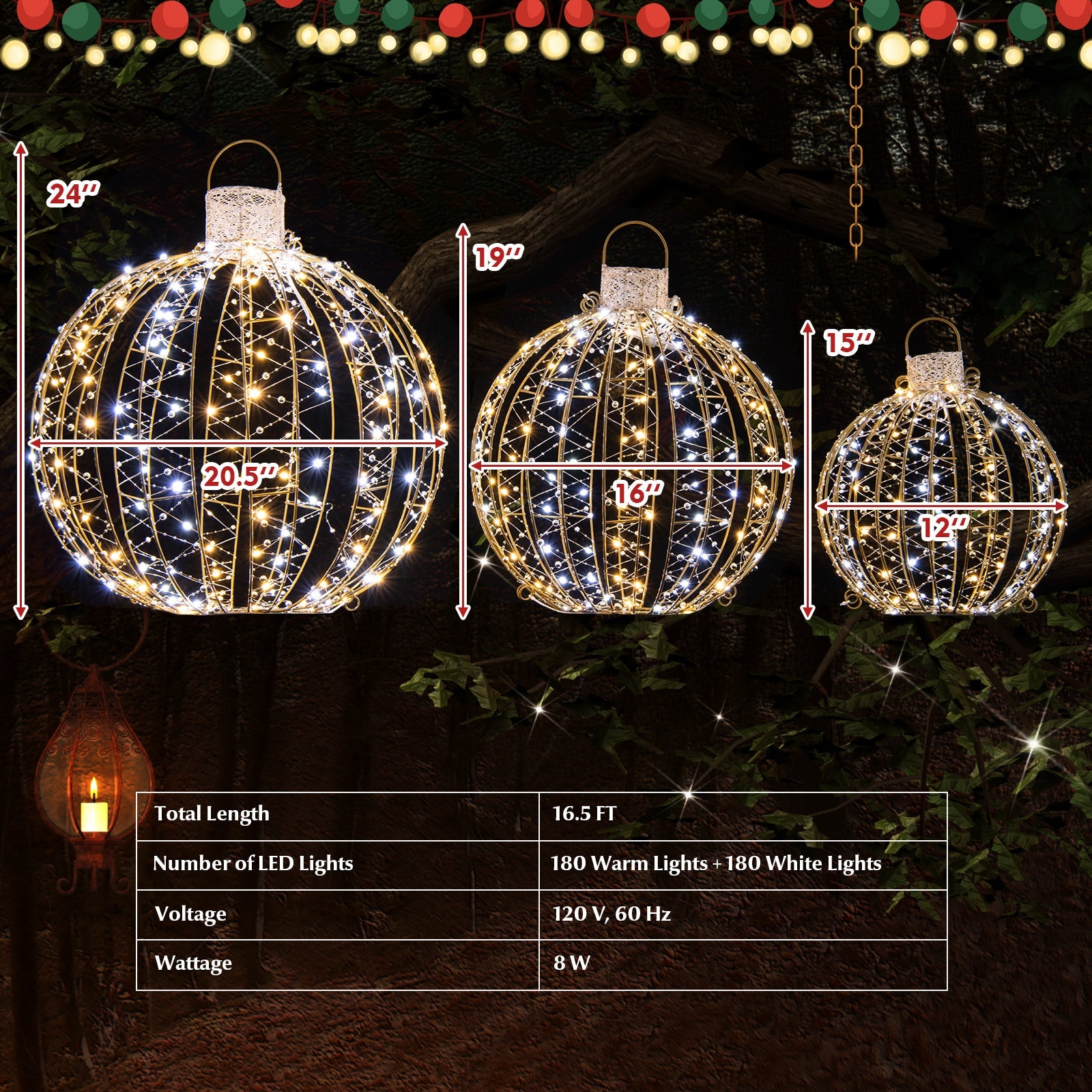 3 Pack Christmas LED Light Balls with Cable Ties and 6 Stakes-Golden - -