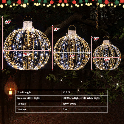 3 Pack Christmas LED Light Balls with Cable Ties and 6 Stakes-Golden - -