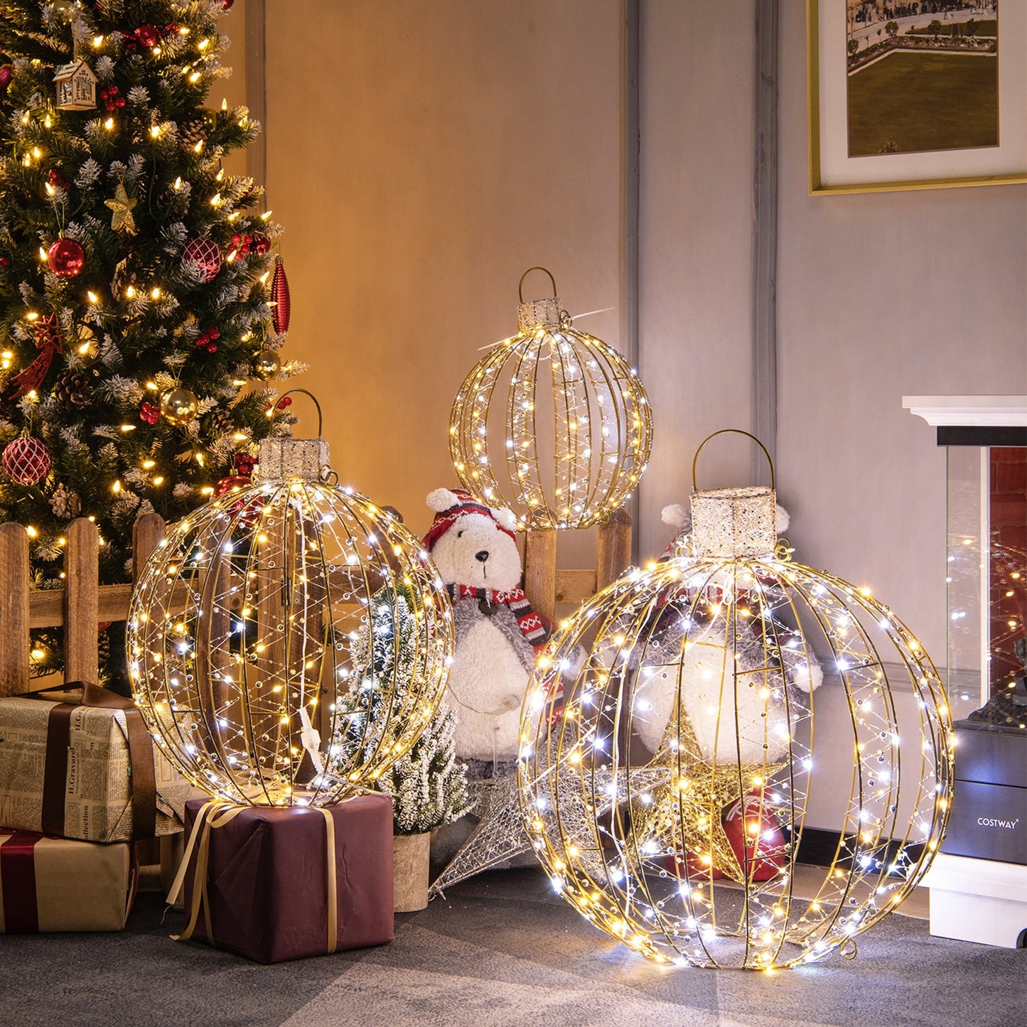 3 Pack Christmas LED Light Balls with Cable Ties and 6 Stakes-Golden - -