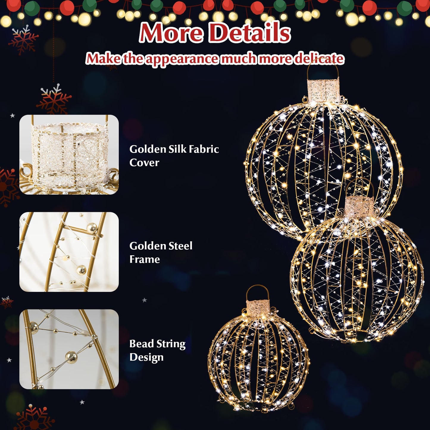 3 Pack Christmas LED Light Balls with Cable Ties and 6 Stakes-Golden - Default Title -