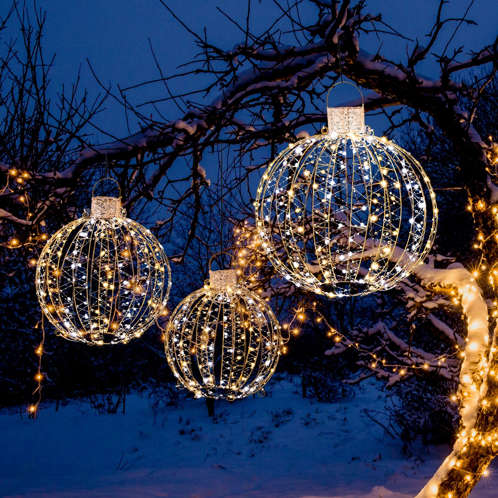 3 Pack Christmas LED Light Balls with Cable Ties and 6 Stakes-Golden - -