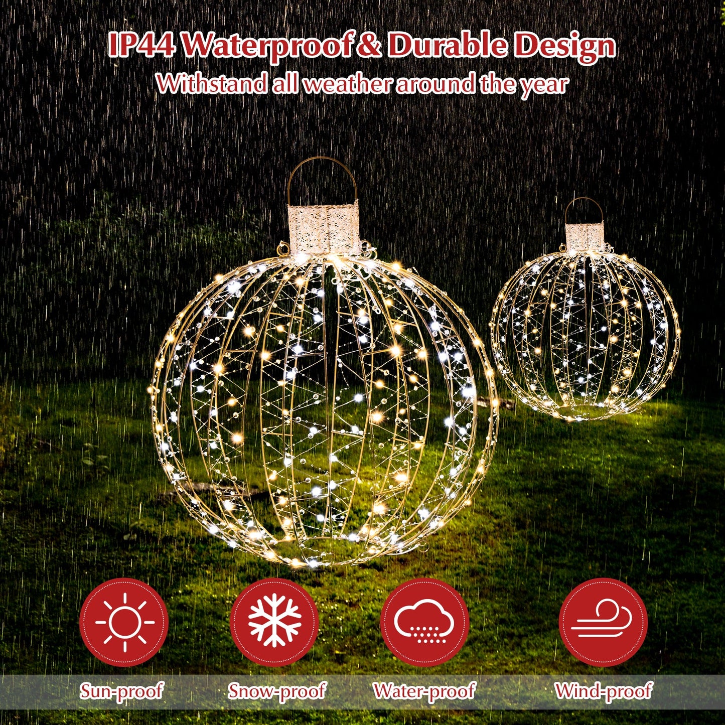 3 Pack Christmas LED Light Balls with Cable Ties and 6 Stakes-Golden - -