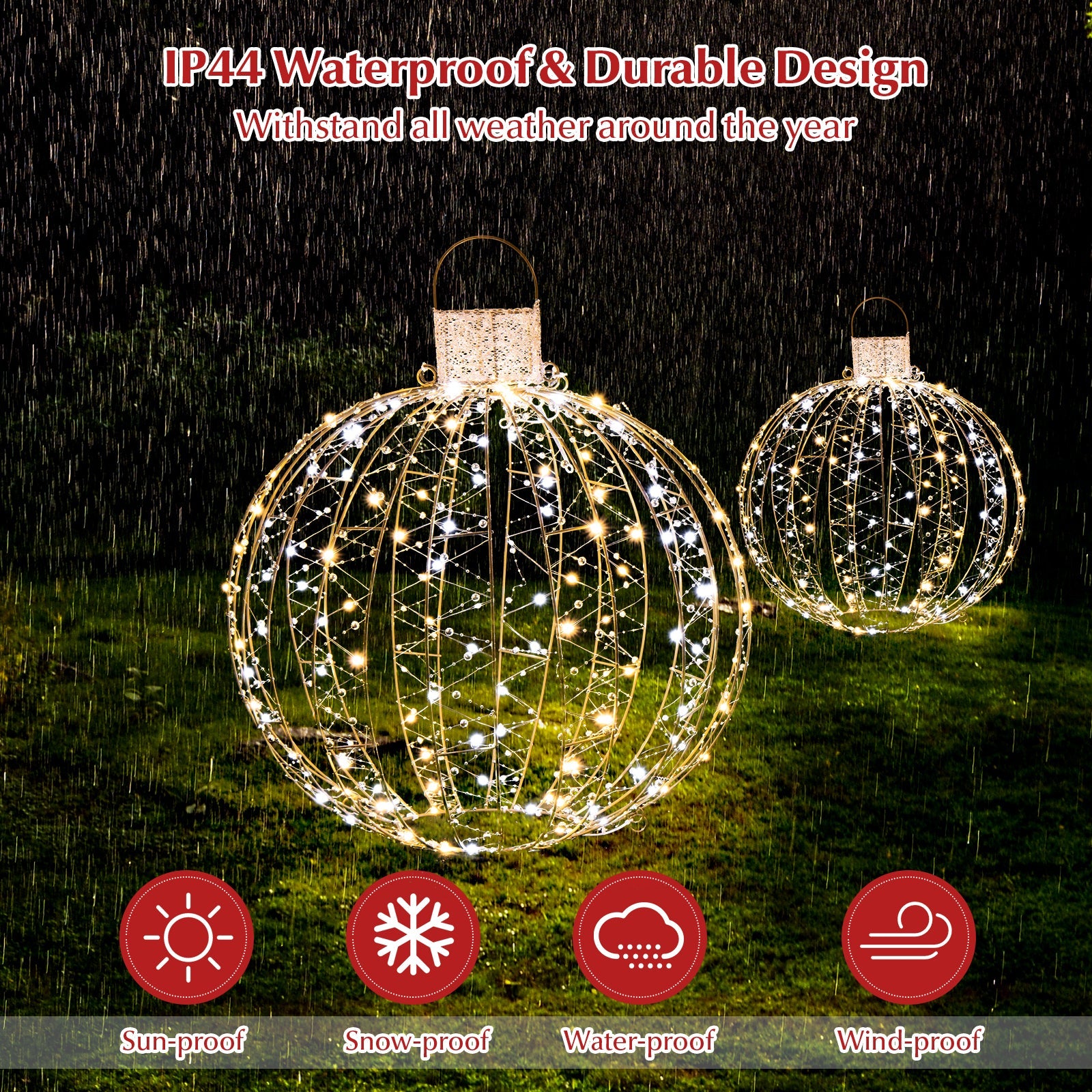 3 Pack Christmas LED Light Balls with Cable Ties and 6 Stakes-Golden - -