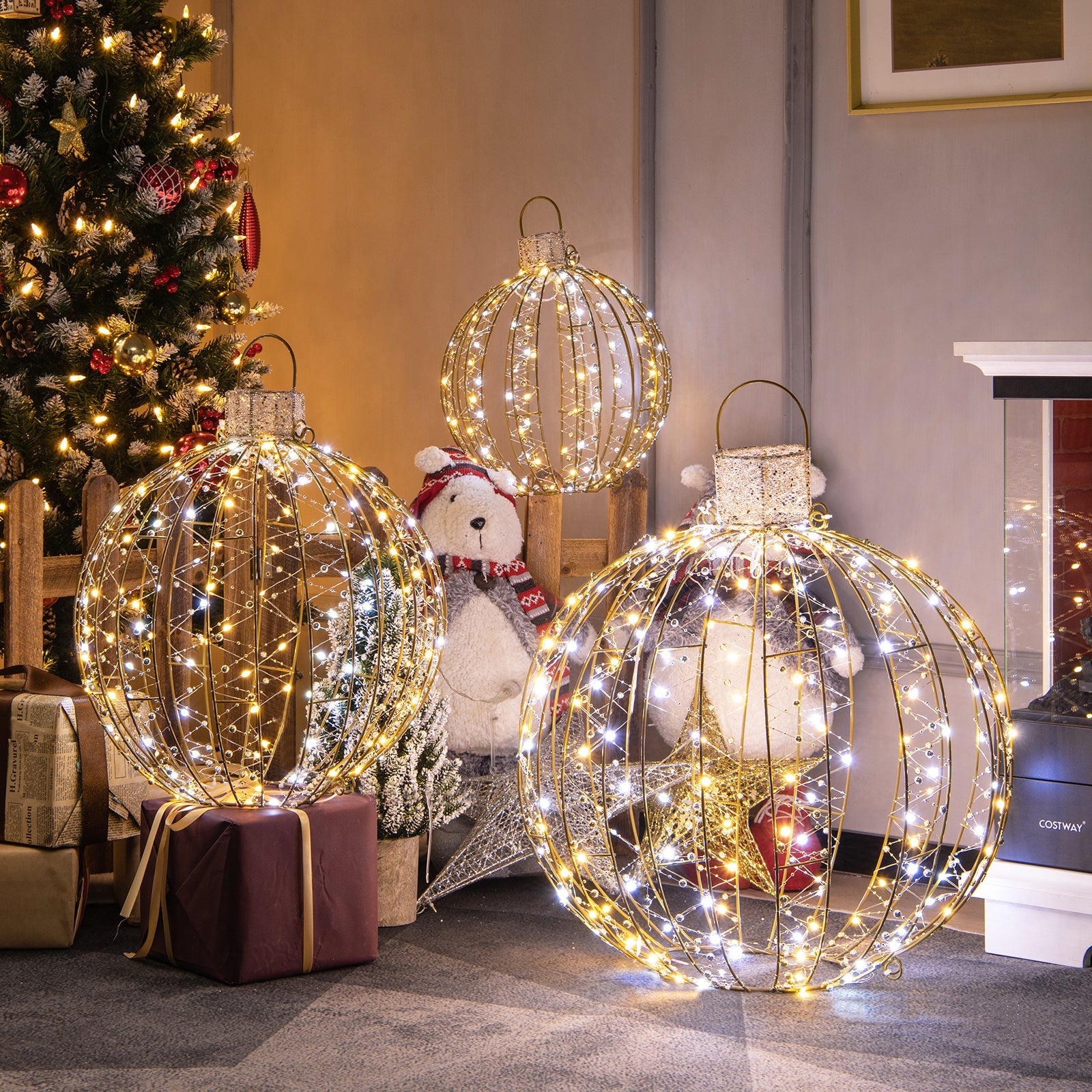 3 Pack Christmas LED Light Balls with Cable Ties and 6 Stakes-Golden - -