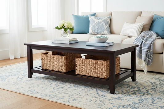 Coastal Coffee Table With Lower Shelf And Faux Rattan Baskets - Espresso - - table
