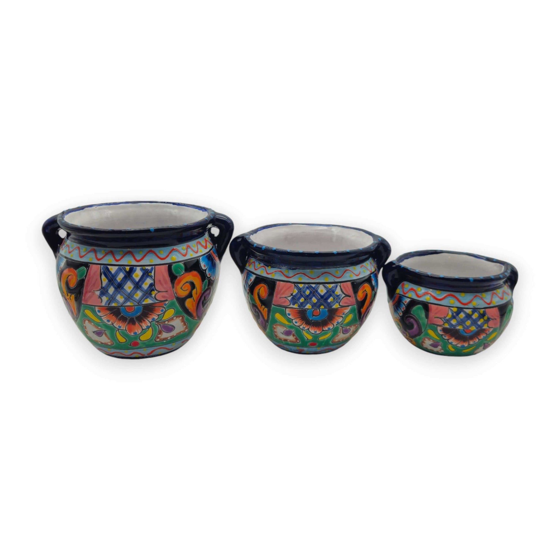 Small Cobalt Blue Rim Talavera Pot Trio Hand-Painted Planters - - Talavera Flower Pot
