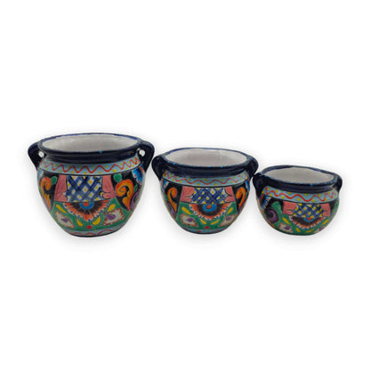 Small Cobalt Blue Rim Talavera Pot Trio Hand-Painted Planters - - Talavera Flower Pot