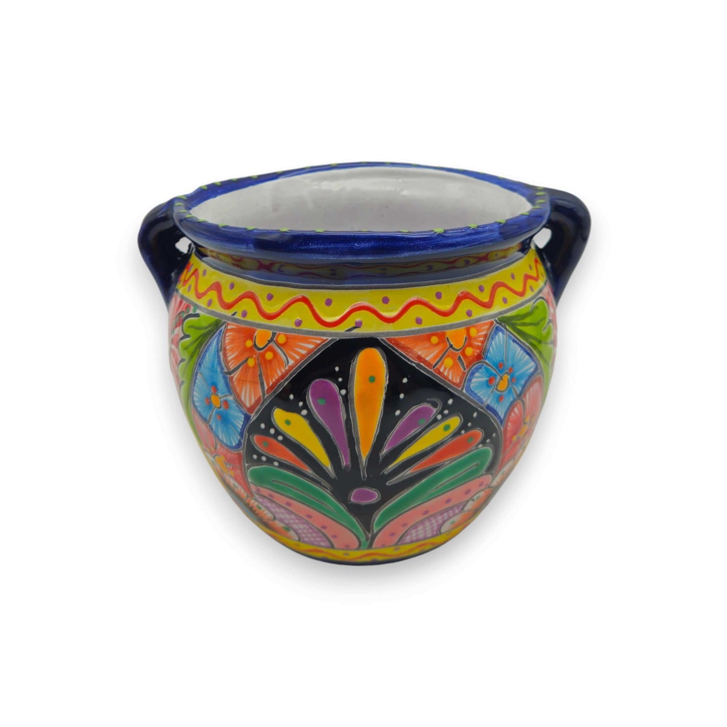 Small Cobalt Blue Rim Talavera Pot Trio Hand-Painted Planters - - Talavera Flower Pot