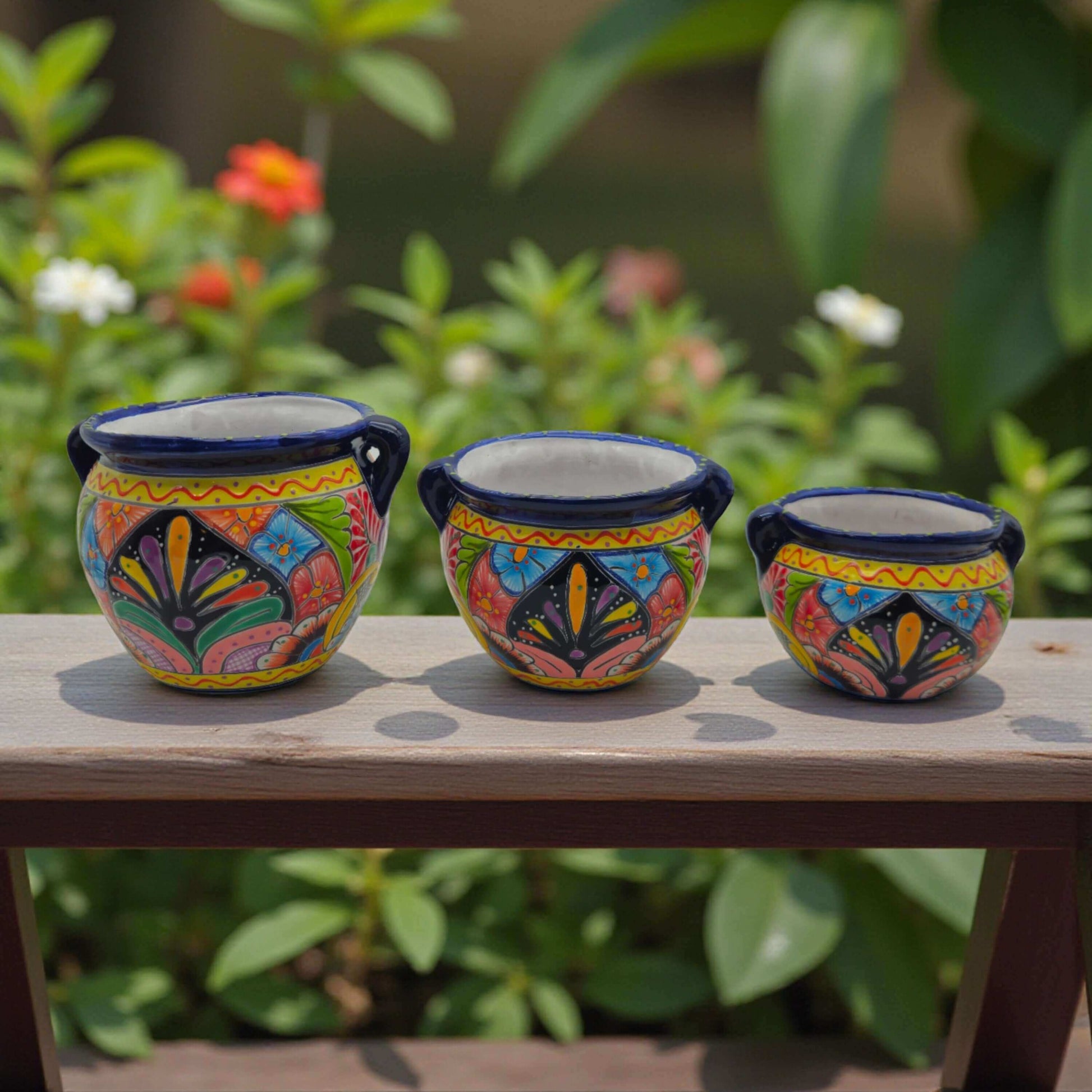 Small Cobalt Blue Rim Talavera Pot Trio Hand-Painted Planters - - Talavera Flower Pot