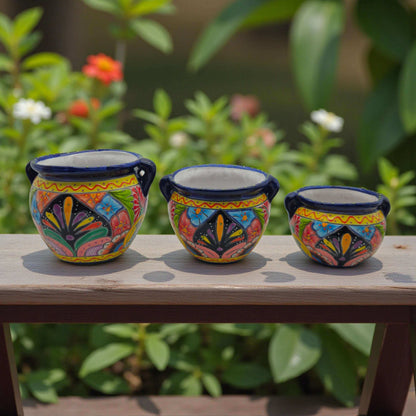 Small Cobalt Blue Rim Talavera Pot Trio Hand-Painted Planters - - Talavera Flower Pot