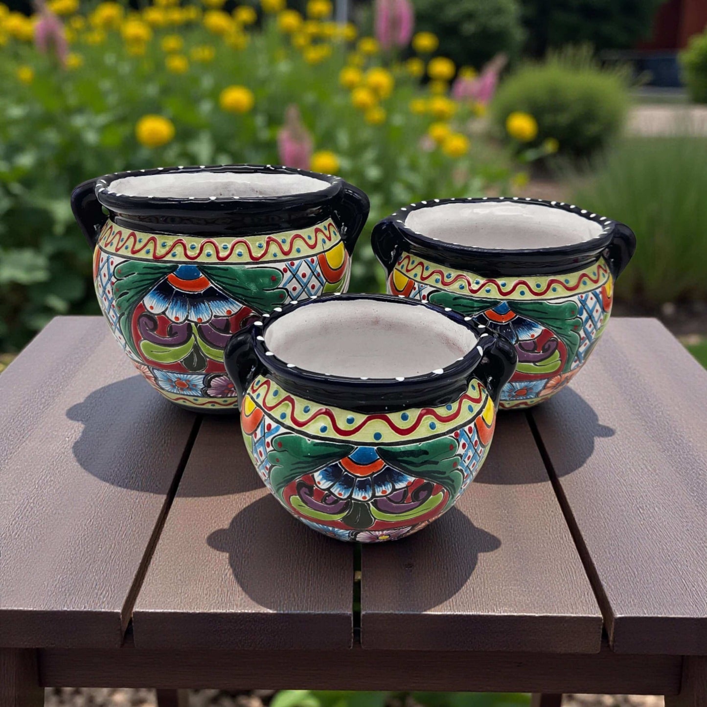 Small Cobalt Blue Rim Talavera Pot Trio Hand-Painted Planters - - Talavera Flower Pot
